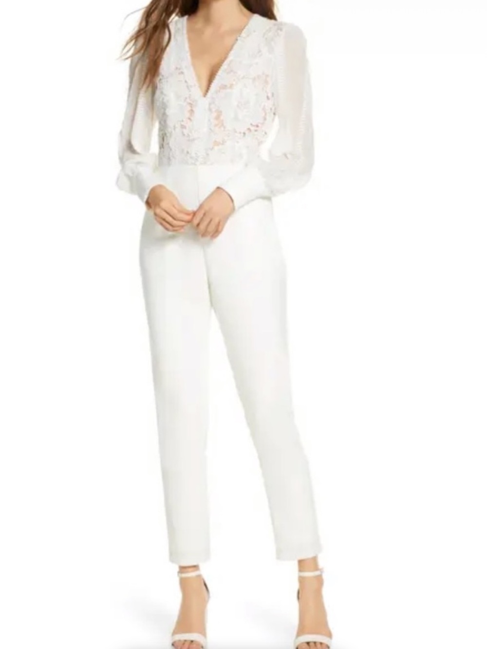 Adelyn Rae White Lace V-Neck Long Sleeve Jumpsuit